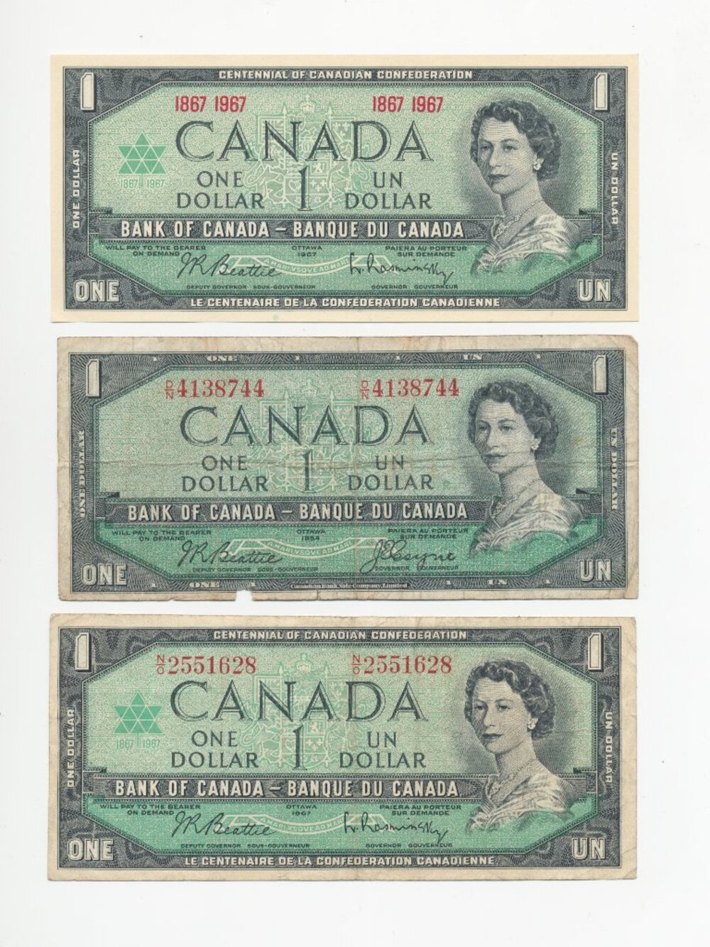 Lot of 3 Vintage Canadian $1 One Dollar Bills including 2 Centennial Notes